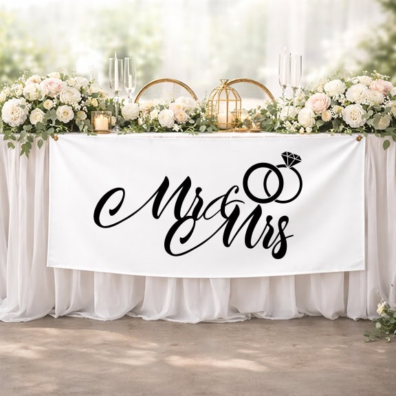 Wedding reception table with floral arrangements and candles, decorated with a white banner featuring a black Mr and Mrs script and wedding rings design.