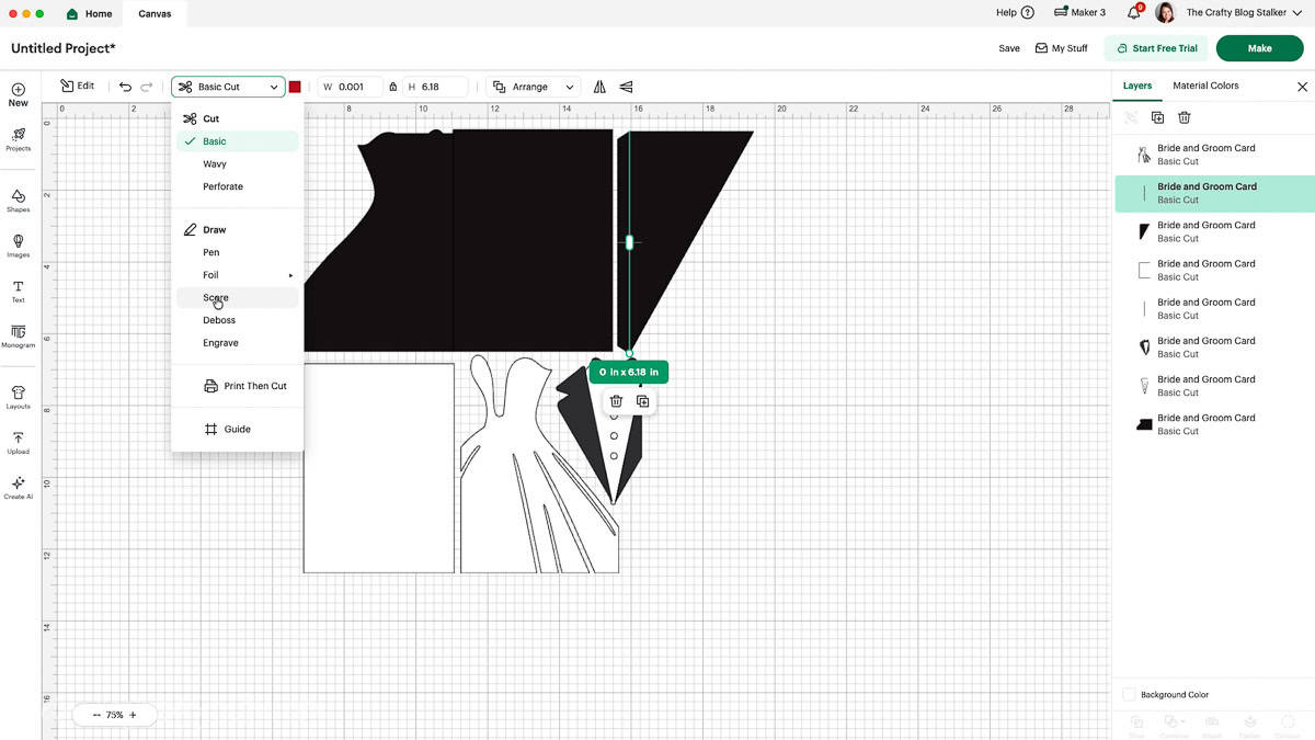 Cricut Design Space screen showing a score line selected for a layered bride and groom wedding card project on the canvas.