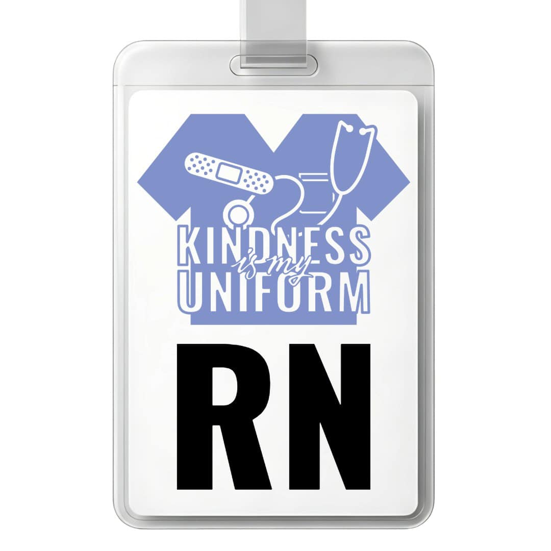 Nurse badge design with scrubs, stethoscope, and bandage icon reading 