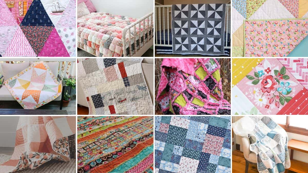 Collage of colorful handmade quilts showing patchwork blocks, floral prints, and geometric designs displayed on beds, chairs, and close-up fabric details
