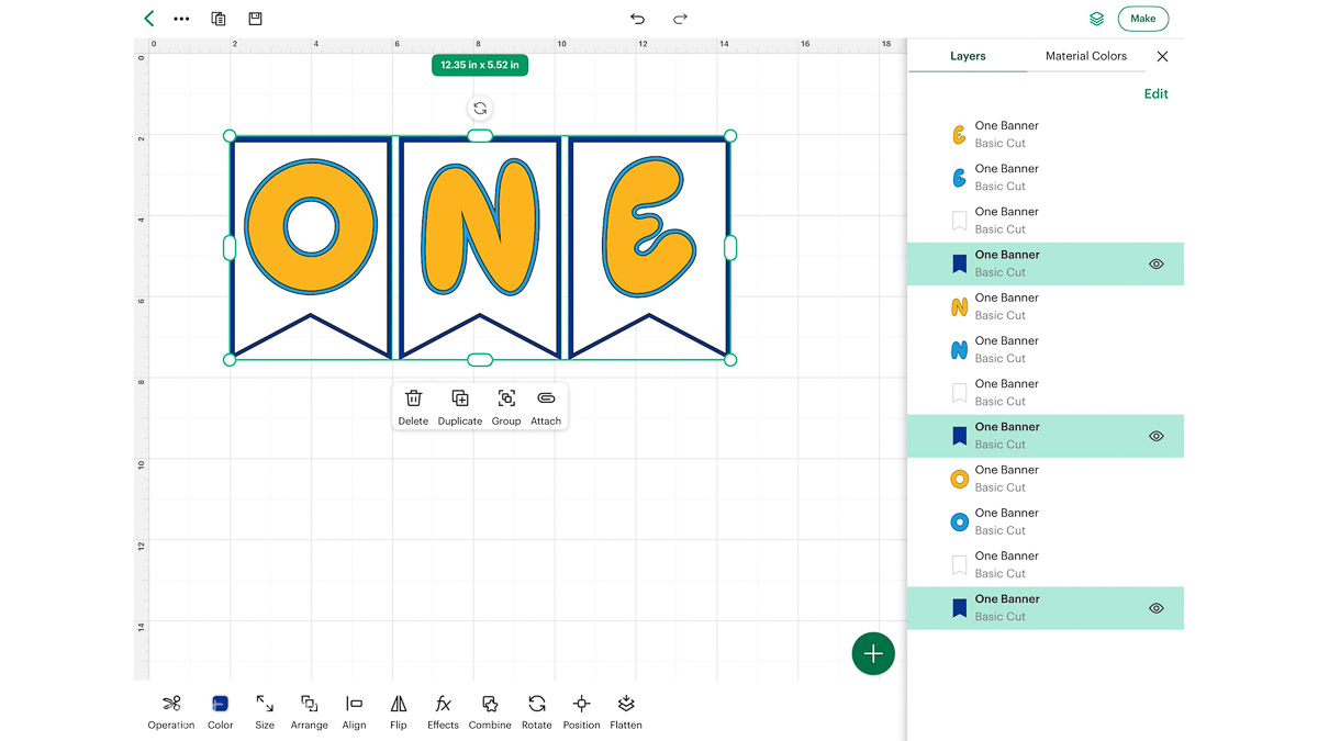 Cricut Design Space canvas showing ONE banner pieces with updated colors, layers panel open on the right, and grouped design selected.
