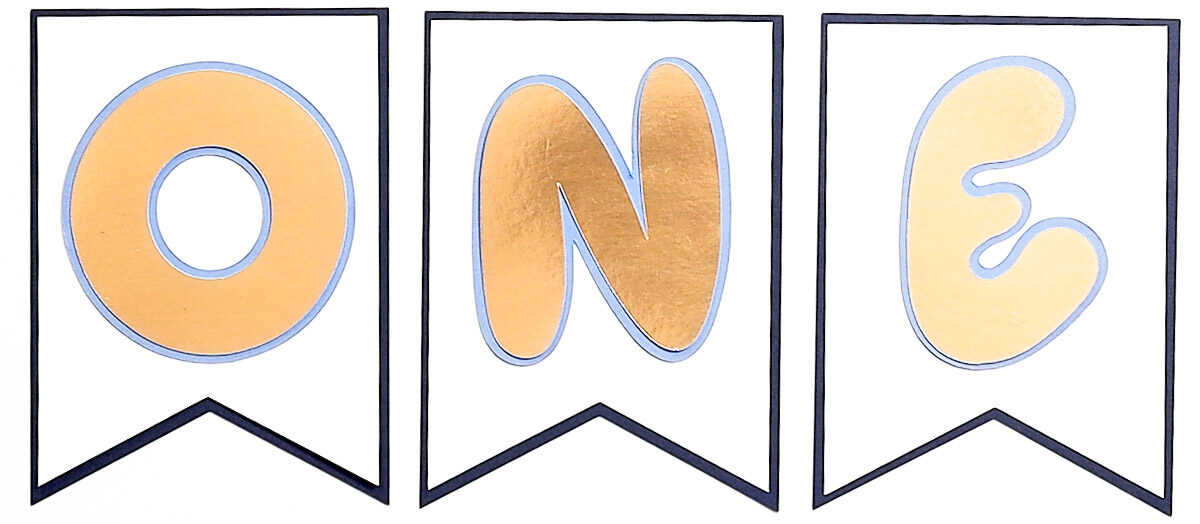 Three banner pieces spelling ONE with gold foil letters on white pennants outlined in blue, ready to assemble for a first birthday decoration.