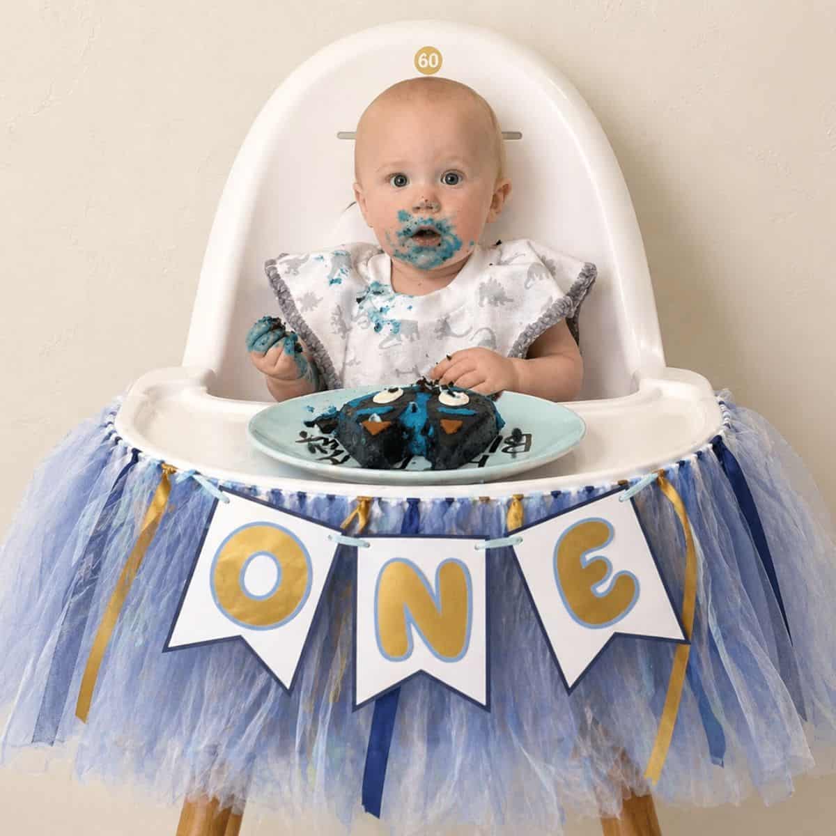 Baby in a high chair with a 
