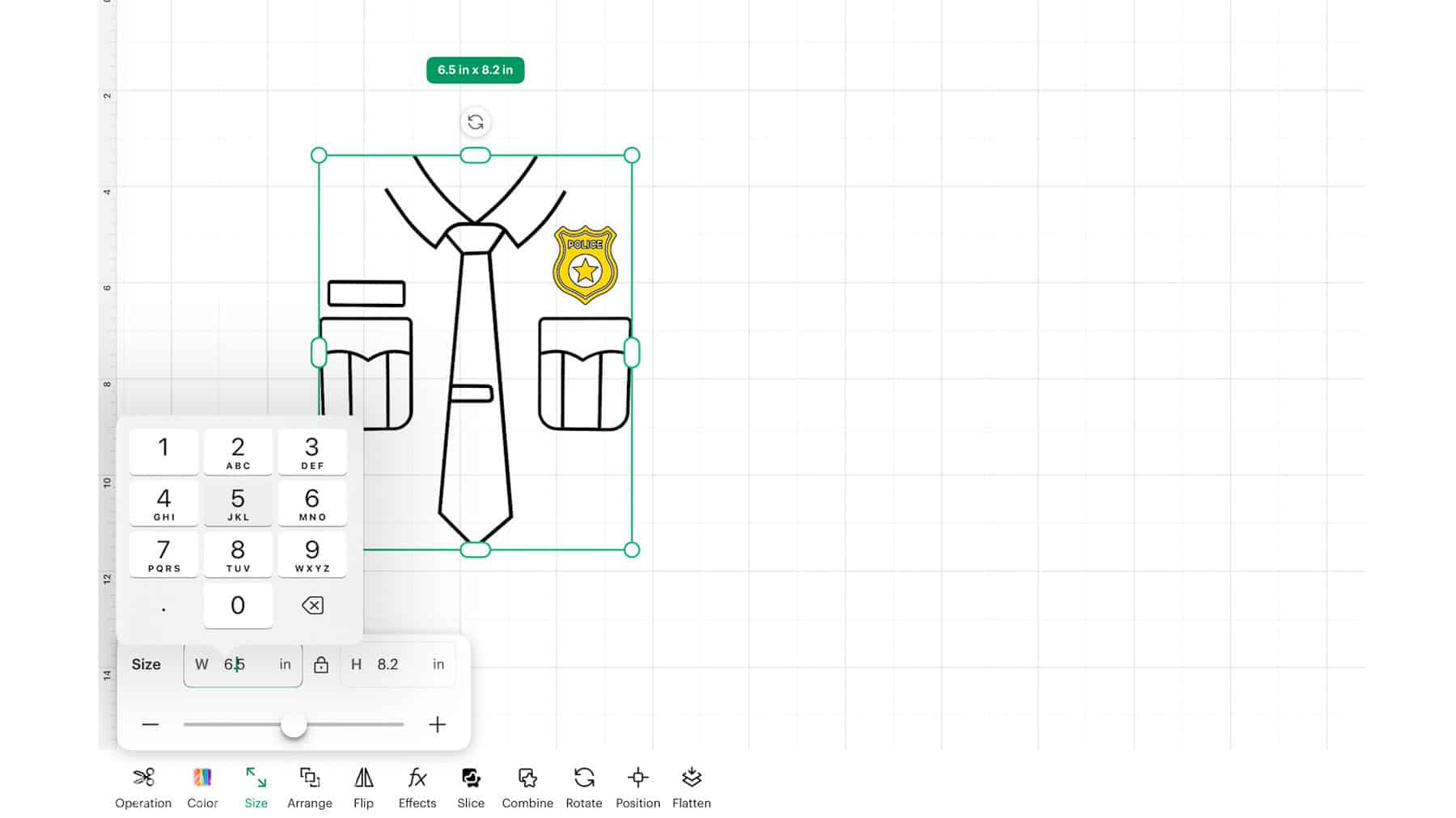 Cricut Design Space screen showing police uniform SVG resized to 6.5 by 8.2 inches with size panel and grid background visible