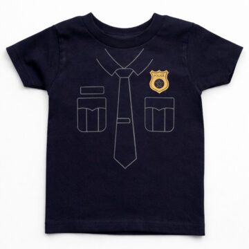 Navy blue kids T-shirt with a police uniform design featuring a tie, pockets, and a badge printed on the front