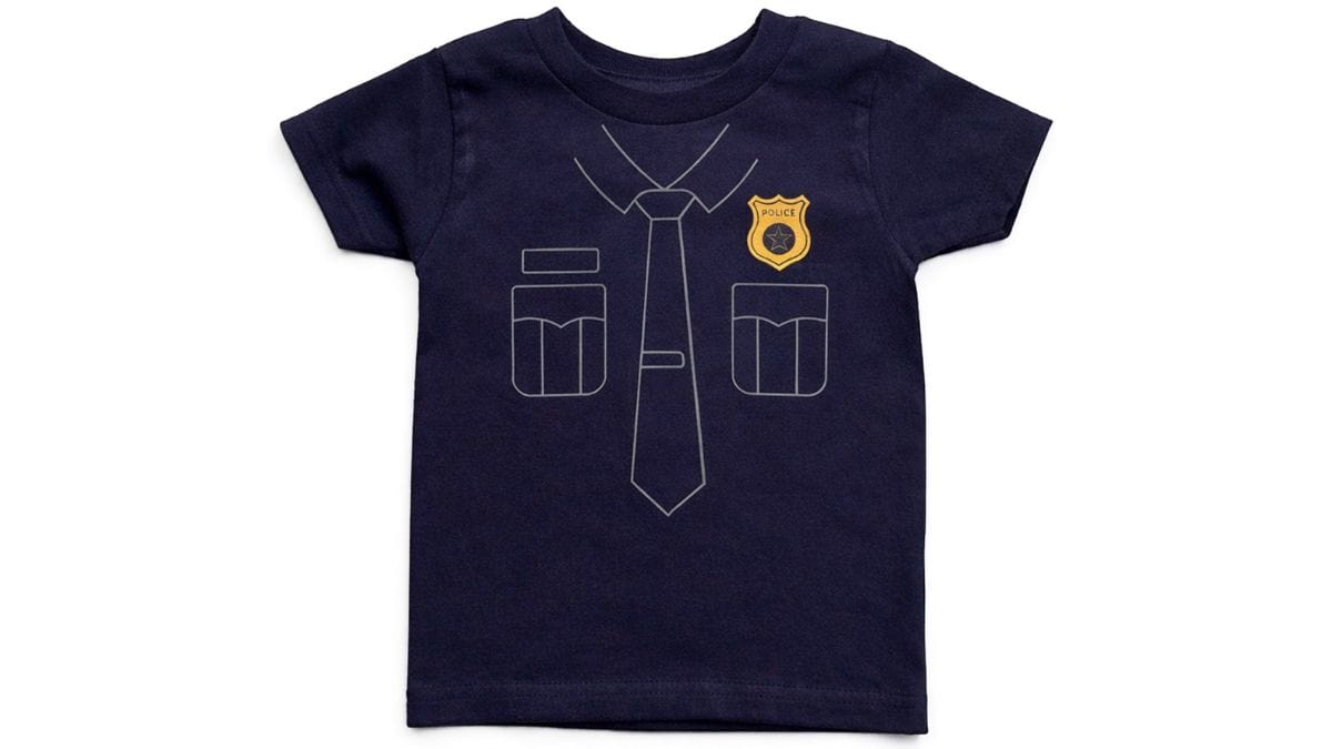 Navy blue kids T-shirt with a police uniform design featuring a tie, pockets, and a badge printed on the front