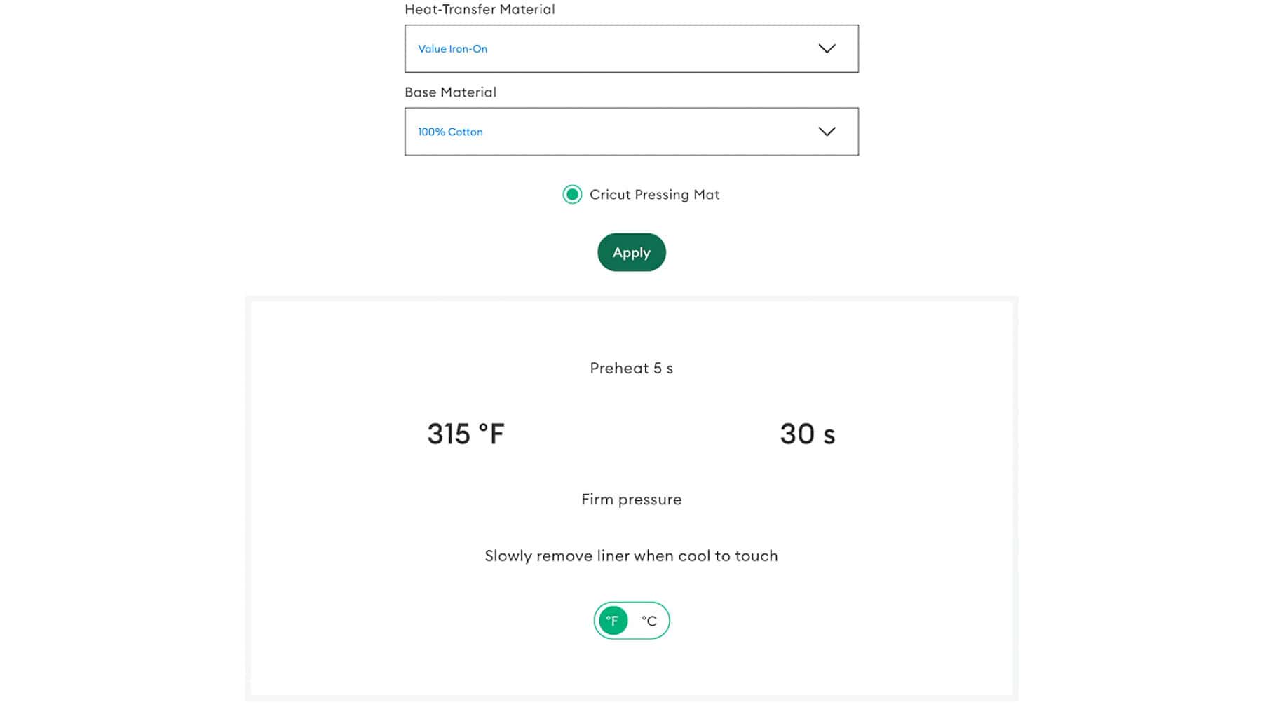 Cricut heat guide screen showing iron-on settings: 315°F for 30 seconds with firm pressure on 100% cotton and preheat instructions