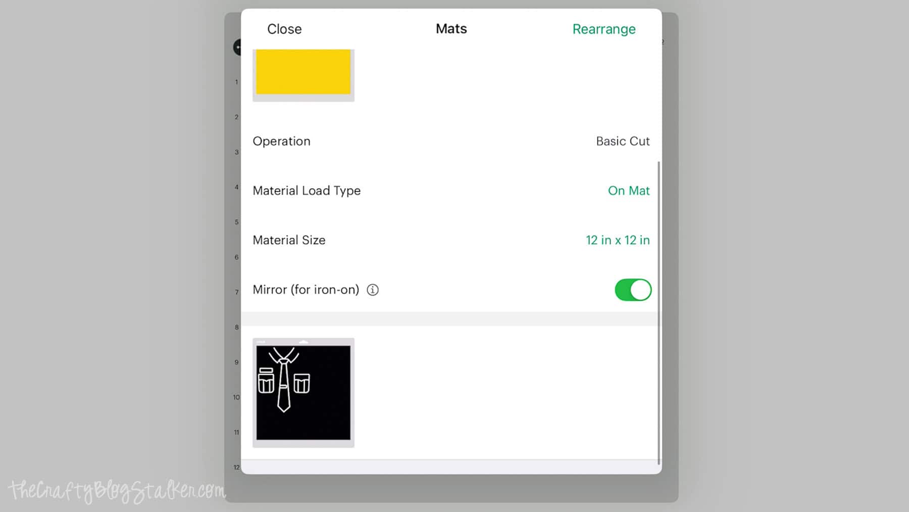 Cricut Design Space mats screen showing mirror for iron-on turned on, 12x12 material selected, and police uniform SVG ready to cut