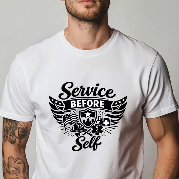 Man wearing a white T-shirt with 