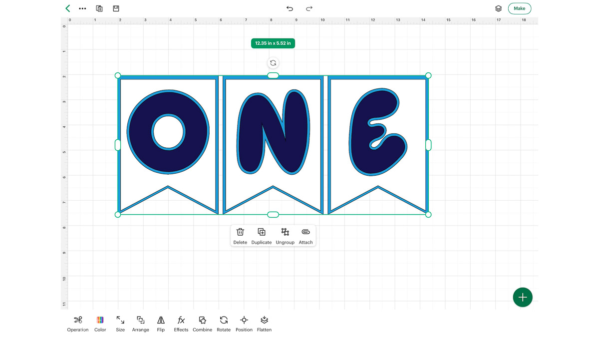 Cricut Design Space canvas showing three banner pieces spelling ONE, grouped and selected with sizing handles visible.
