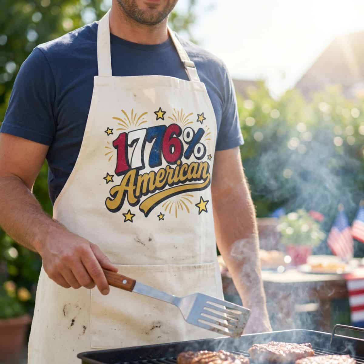 Man grilling outdoors while wearing a patriotic apron with 1776% American text and fireworks design during a backyard barbecue.