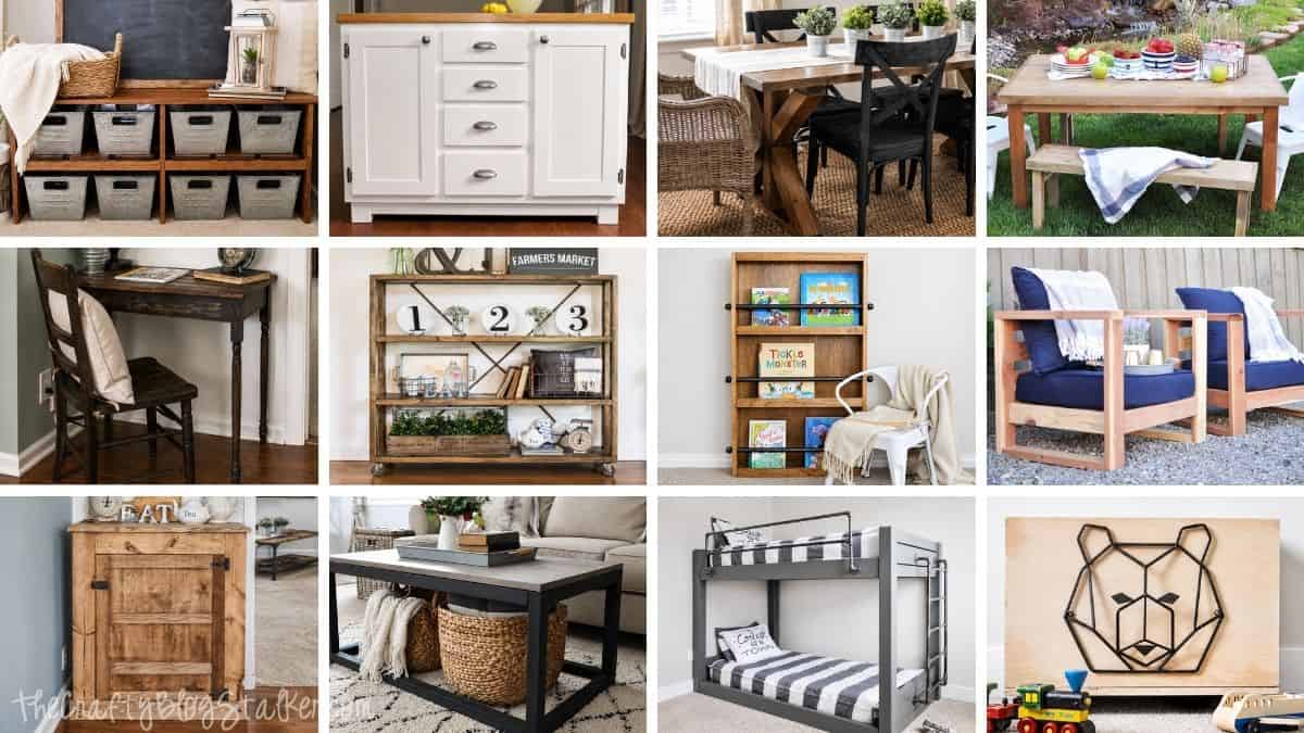 Collage of DIY furniture projects including tables, shelves, chairs, storage benches, a bunk bed, and a kids book rack.