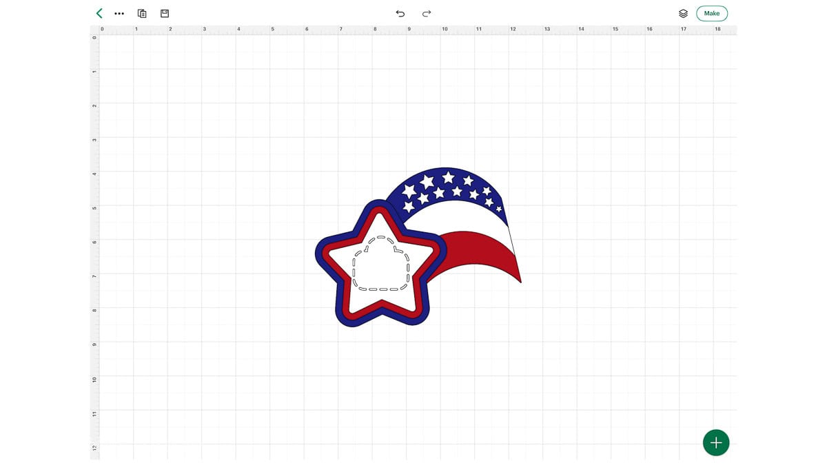 Cricut Design Space screen showing a patriotic star and shooting star SVG design for a Fourth of July party favor project.
