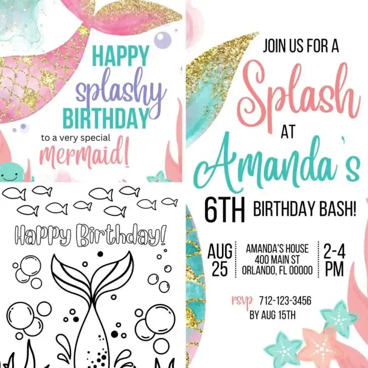 Mermaid birthday party printables including an invitation, birthday card, and coloring page with pastel mermaid tails, sea stars, bubbles, and ocean theme.