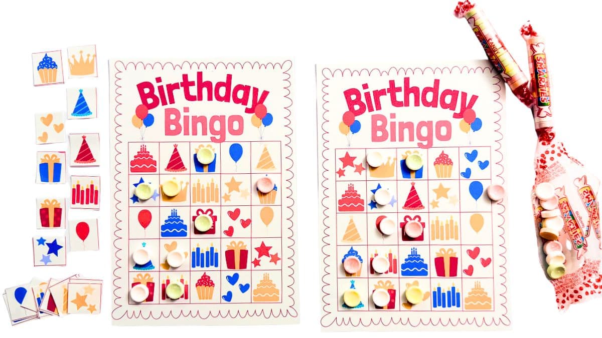 Birthday Bingo game with printable bingo cards, calling cards, candy markers, and party treats arranged on a white background for a fun birthday activity.