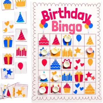Printable Birthday Bingo card with colorful party icons, calling cards, and candy markers arranged for an easy birthday party game.