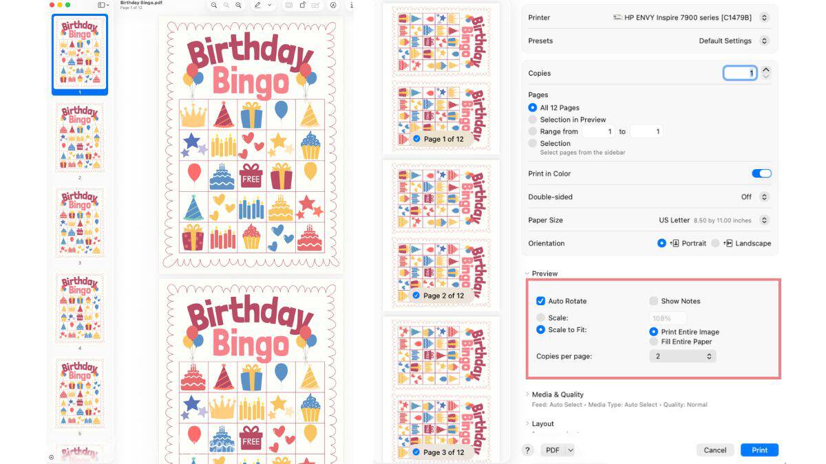 Screenshot of printer settings showing how to print two Birthday Bingo cards per page using the Scale to Fit option and Copies per Page setting.
