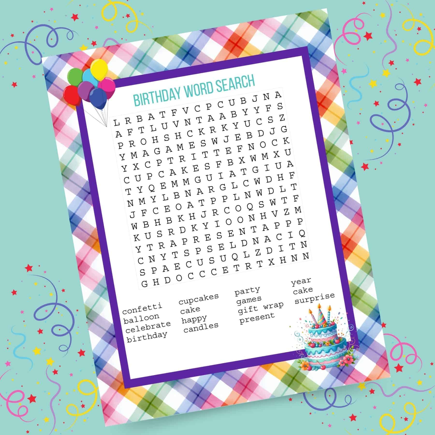Birthday word search printable with colorful plaid border, balloons, birthday cake, and a list of birthday-themed words to find.