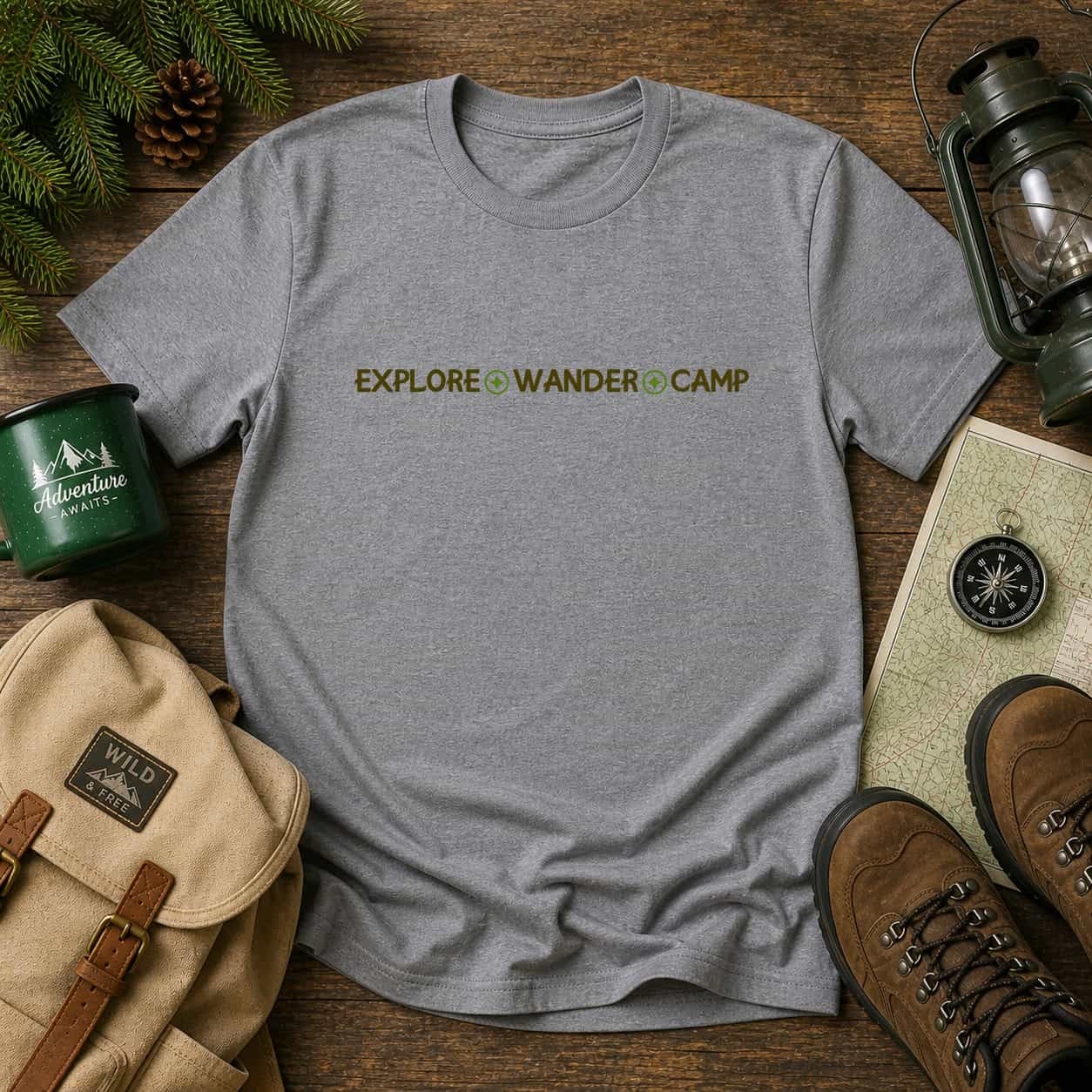 Gray camping-themed T-shirt with