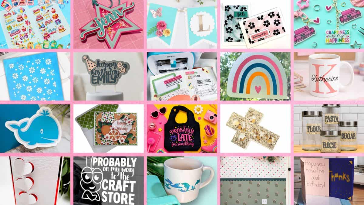 Collage of colorful Cricut and paper crafting projects including cards, stickers, mugs, labels, tote bags, home decor, and personalized gifts.