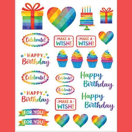 Birthday printable ephemera sheet featuring colorful gifts, hearts, cupcakes, cake, banners, and birthday sentiment labels for paper crafts and scrapbooking.