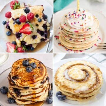 Collage of four pancake recipes featuring blueberry pancakes, cinnamon roll pancakes, funfetti pancakes, and baked berry pancake slices.