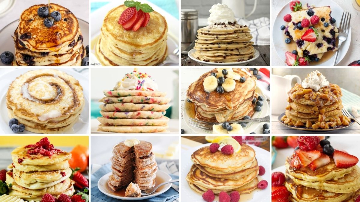 Collage of twelve fluffy pancake recipes featuring blueberry, strawberry, raspberry, banana, cinnamon roll, and apple-topped pancakes with syrup and whipped cream.