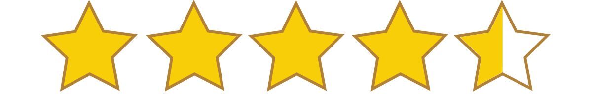 Five gold review stars with the fifth star half filled, representing a 4.5-star rating on a white background.