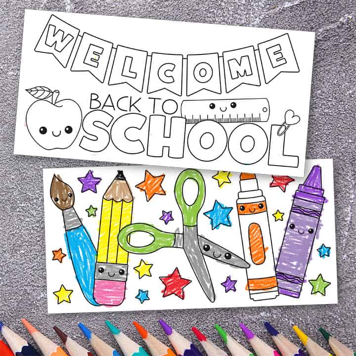 Printable welcome back to school coloring pages with smiling school supplies, banner letters, stars, and colored pencils.