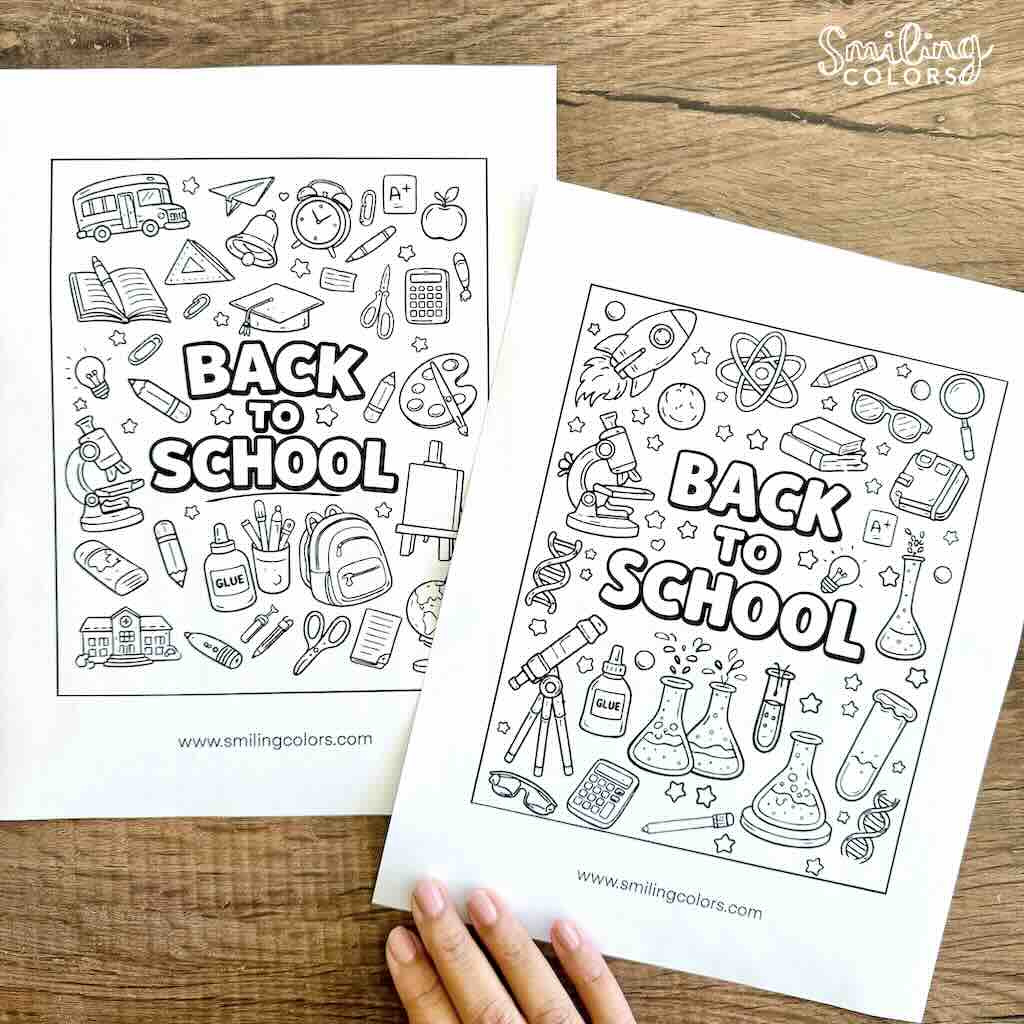 Two printable back to school coloring pages filled with school-themed doodles, including books, pencils, backpacks, science items, and buses.