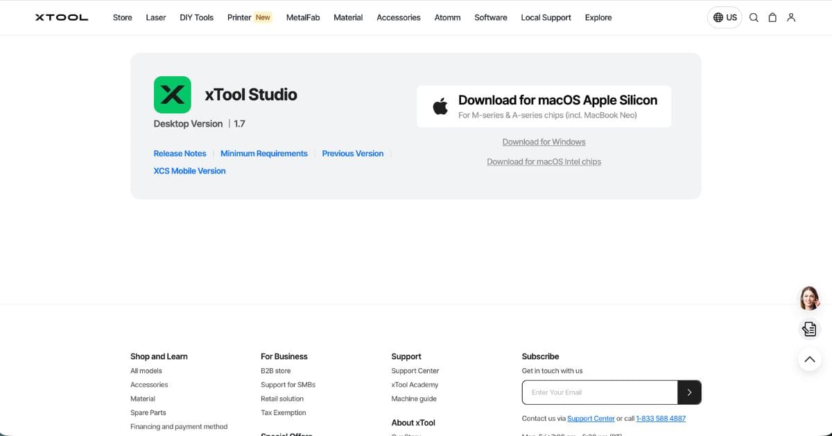 Screenshot of the xTool Studio download page showing macOS and Windows download options, release notes, and software support links.
