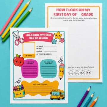 Printable first day of school worksheets with colorful prompts for photos, goals, favorite activities, drawings, and emotions, displayed with colored pencils.
