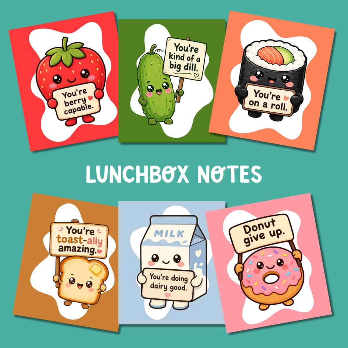 Printable lunchbox notes featuring cute food characters with encouraging puns like You're berry capable and Donut give up.