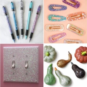 Collage featuring glitter craft ideas including glitter pens, resin hair clips, a glitter light switch cover, and glitter-painted decorative pumpkins.