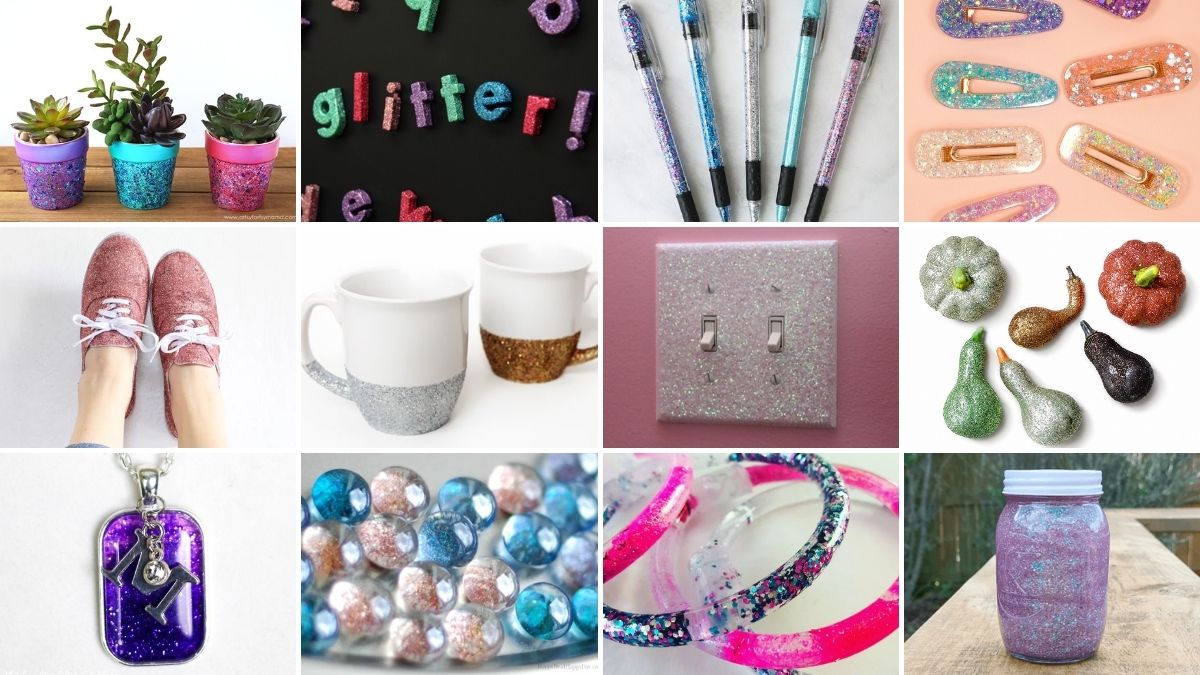 Collage of colorful glitter craft projects including flower pots, letter magnets, glitter pens, resin hair clips, glitter shoes, mugs, pumpkins, jewelry, bracelets, and jars.