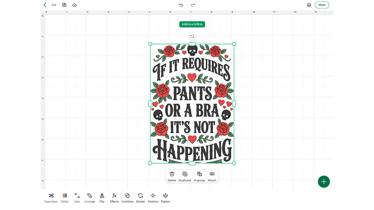 Screenshot of Cricut Design Space with a colorful heat transfer vinyl design sized and ready to cut for a DIY wood sign project.