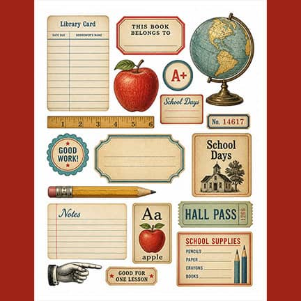 Vintage-style printable school tags and labels featuring a library card, globe, apple, ruler, pencil, hall pass, and report card graphics.