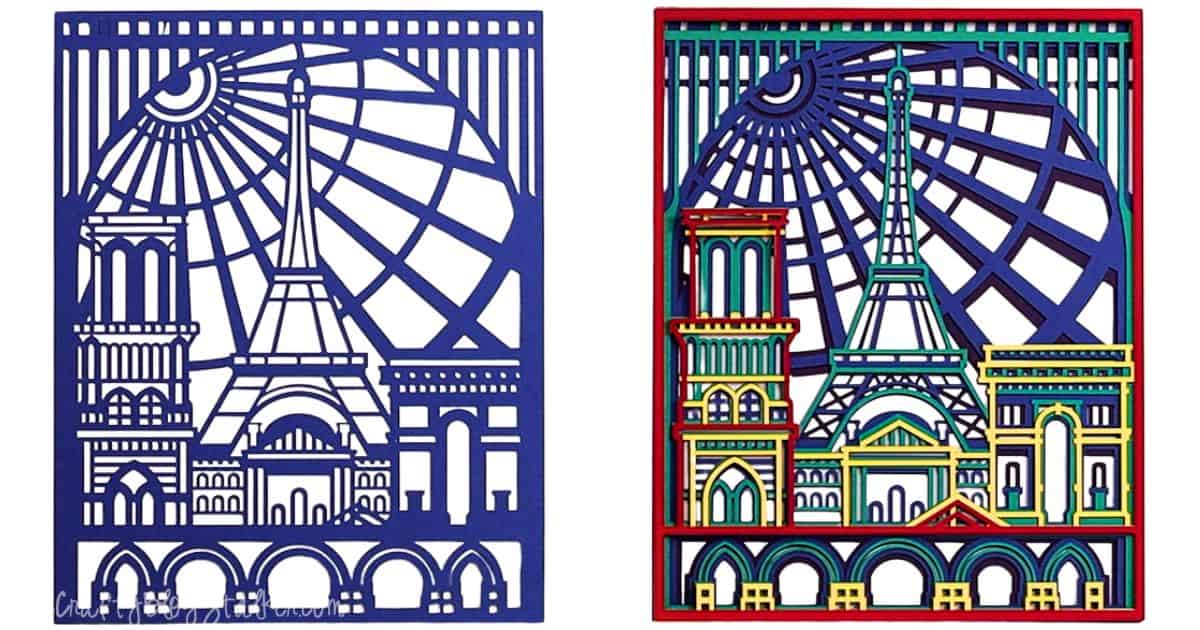 Blue and multicolor layered paper cut artwork featuring the Eiffel Tower, Notre-Dame, Arc de Triomphe, and a globe-inspired background.