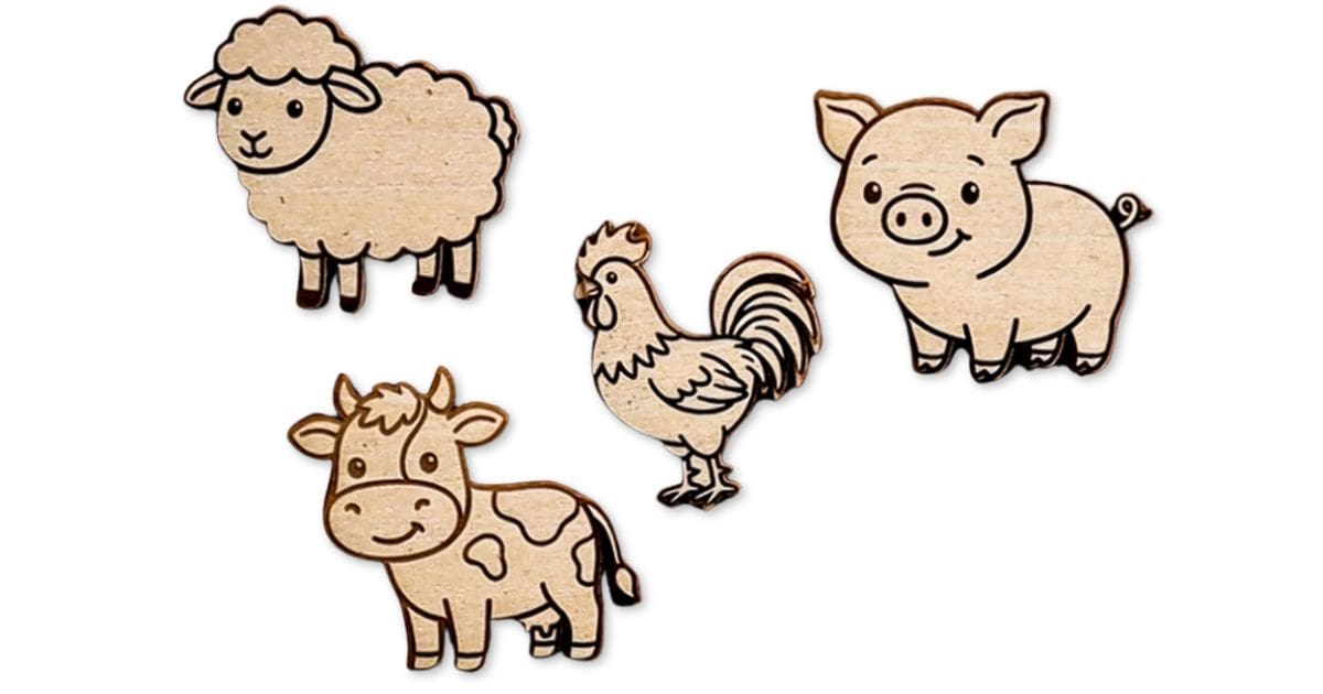 Laser-cut wooden farm animal shapes featuring a sheep, pig, cow, and rooster, displayed on a white background.