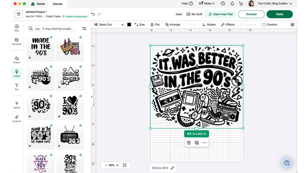 Cricut Design Space canvas showing an It Was Better in the 90's SVG sized to 9.5 by 8.5 inches for a puff vinyl T-shirt.