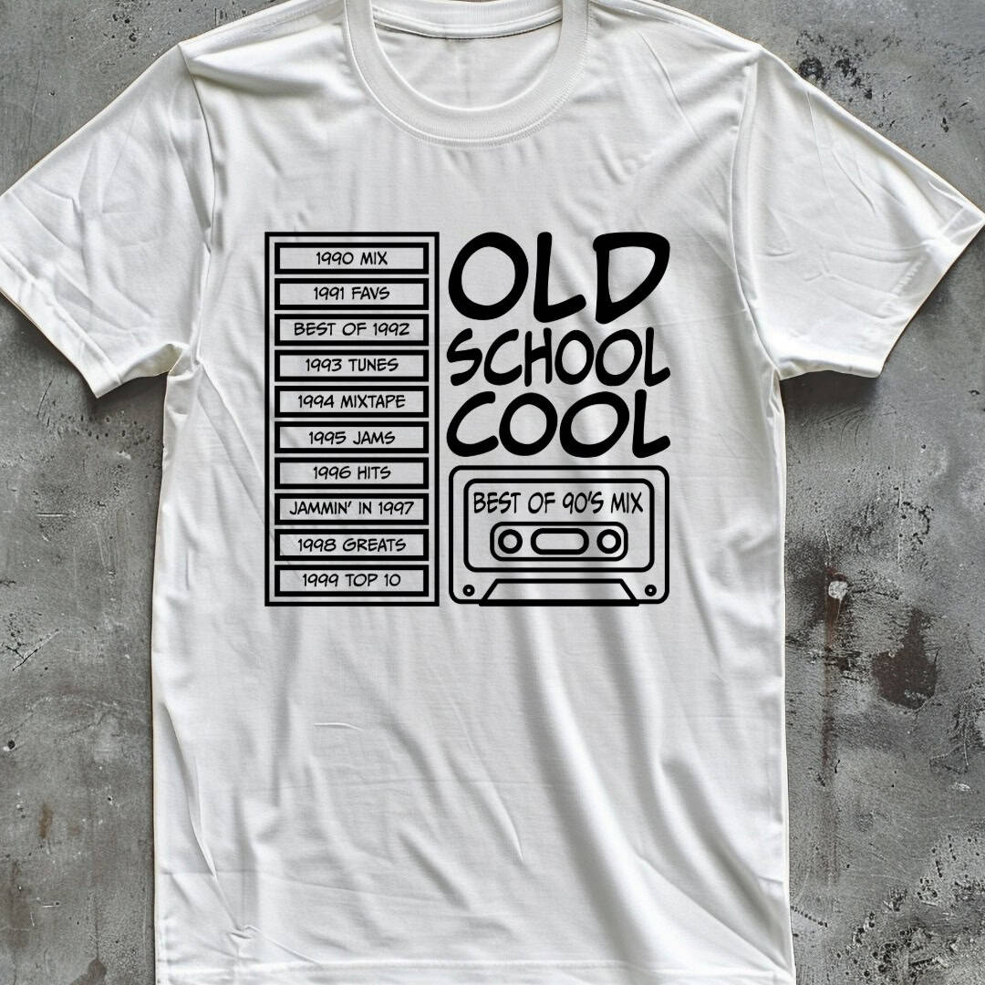 White T-shirt with an Old School Cool 90s design featuring a cassette tape and a list of mixtapes from 1990 to 1999.