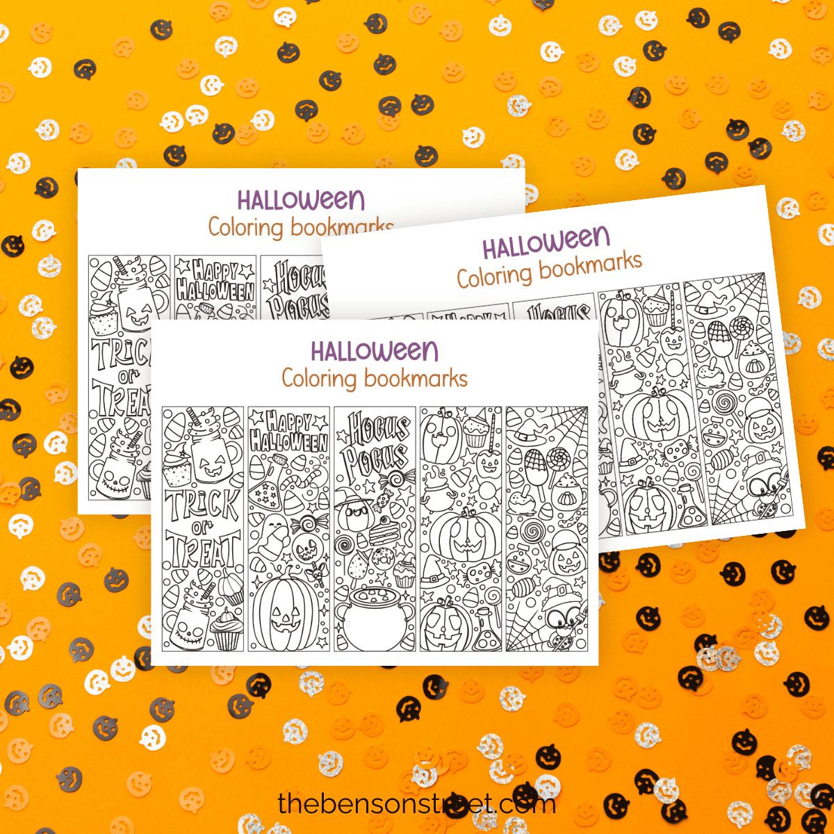 Printable Halloween coloring bookmarks featuring pumpkins, candy, ghosts, cauldrons, and spooky phrases on an orange background.