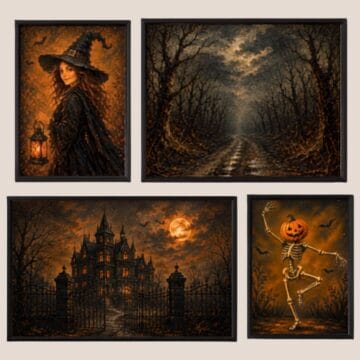 Four framed Halloween prints featuring a witch, spooky forest, haunted house, and dancing pumpkin-headed skeleton.