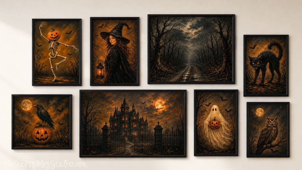 Halloween gallery wall with eight framed spooky prints featuring a witch, ghost, haunted house, skeleton, black cat, owl, raven, and forest.