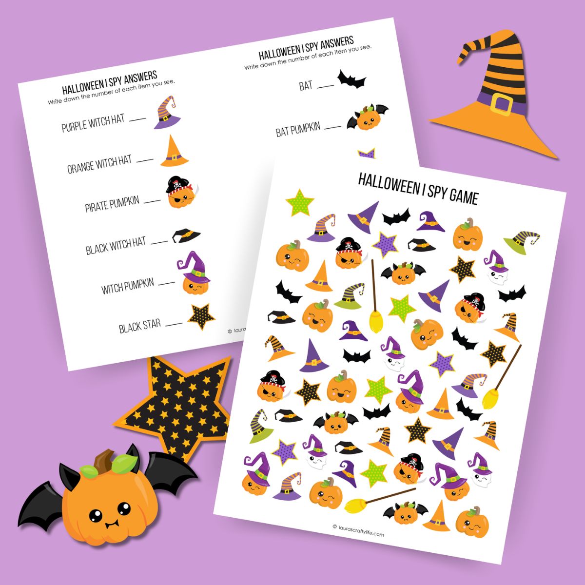 Printable Halloween I Spy game with colorful pumpkins, witch hats, bats, stars, ghosts, brooms, and two answer sheets.