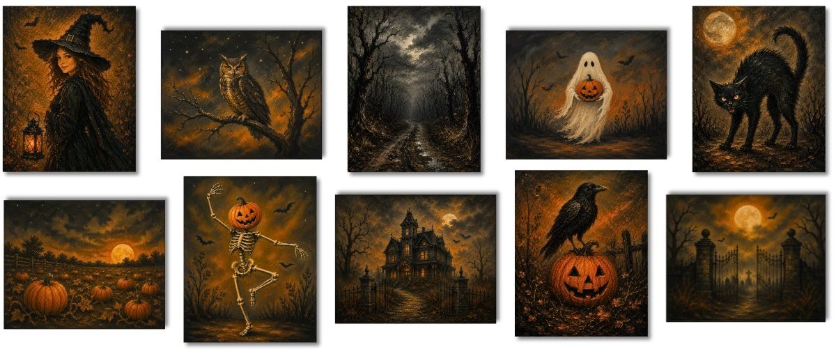 Halloween printable art collection featuring a witch, owl, ghost, black cat, skeleton, haunted house, pumpkins, raven, forest, and cemetery.
