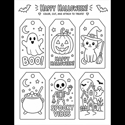 Printable Halloween gift tags to color featuring a ghost, pumpkin, witch cat, cauldron, skeleton, and haunted house.