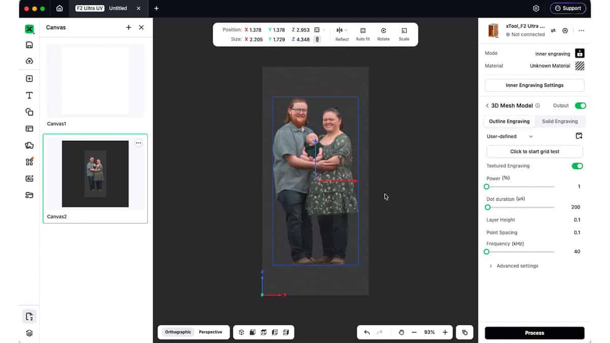 Screenshot of xTool Studio with a 3D family model positioned inside a crystal block and inner engraving settings ready for laser processing.