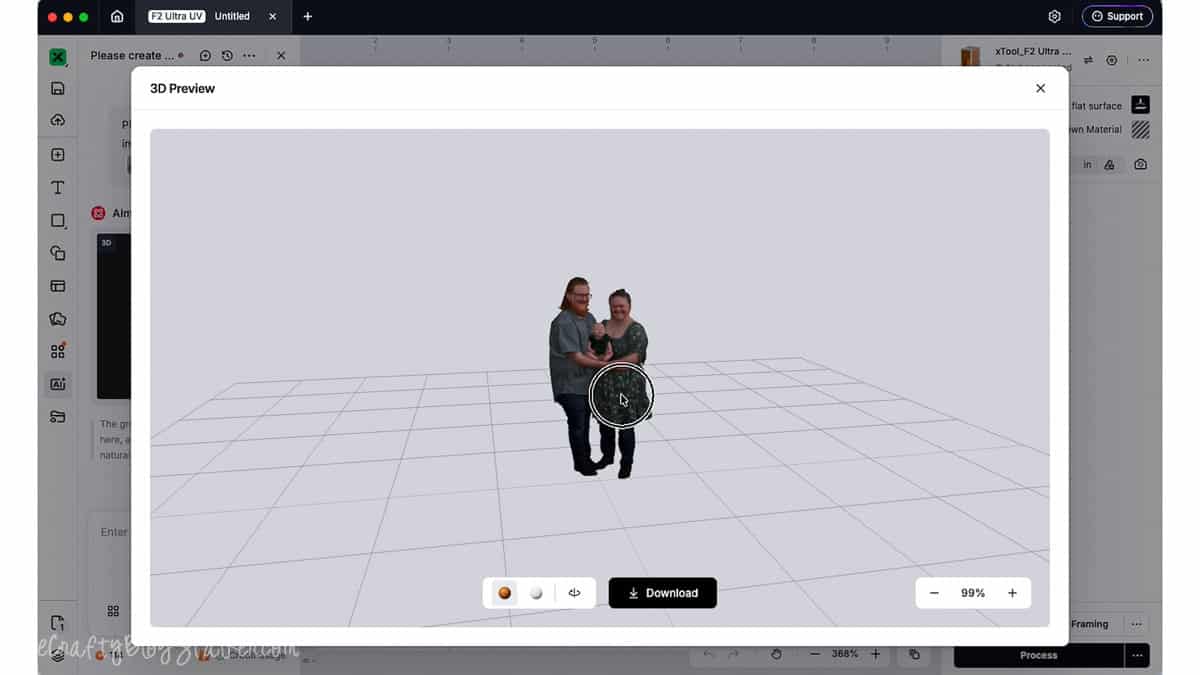Screenshot of the xTool Studio 3D Preview window displaying a generated 3D model of a family photo before downloading for inner laser engraving.