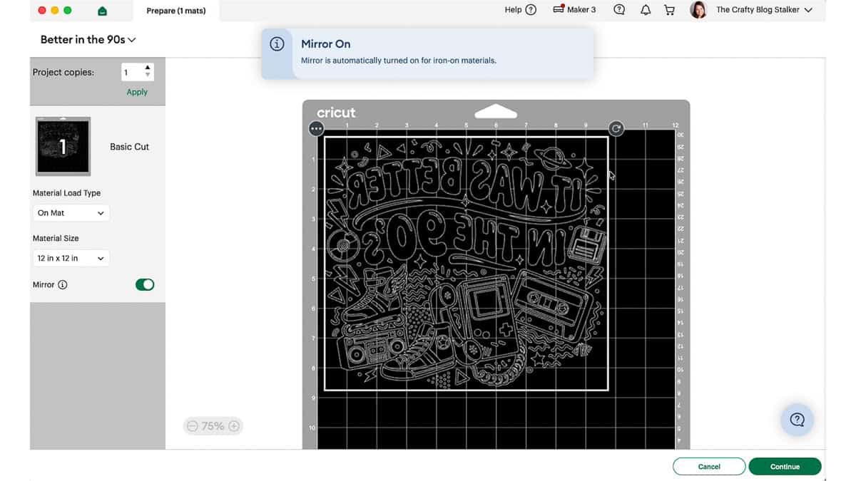 Cricut Design Space Prepare screen showing the 90s puff vinyl design mirrored on a 12 x 12 cutting mat for iron-on.
